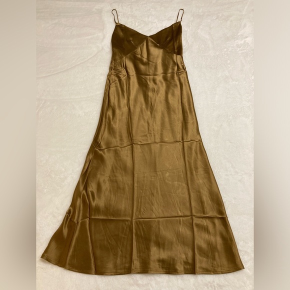 silk maison Dresses & Skirts - Satin Slip Midi Dress in Olive Brown — Women's